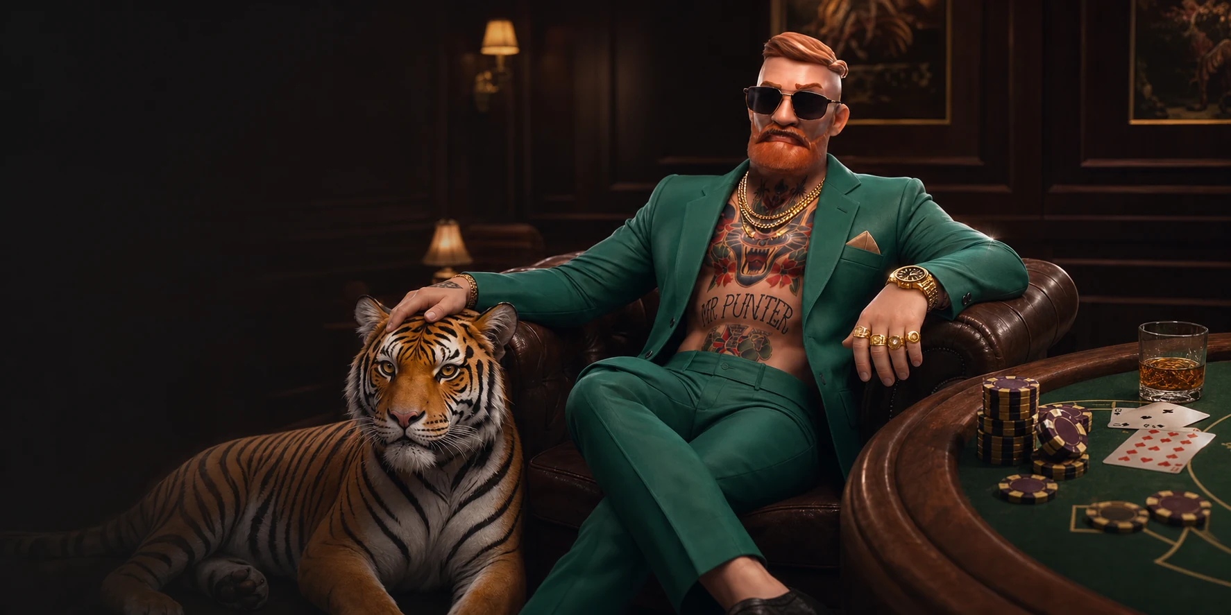MrPunter-Charakter im grünen Anzug mit Tiger, Casino-Chips und Spieltisch
